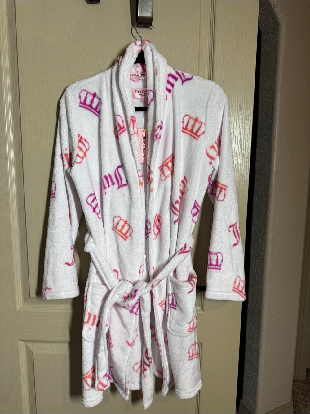Super Soft Juicy Couture White Plush Robe with Pink & Orange Crown Print Size S